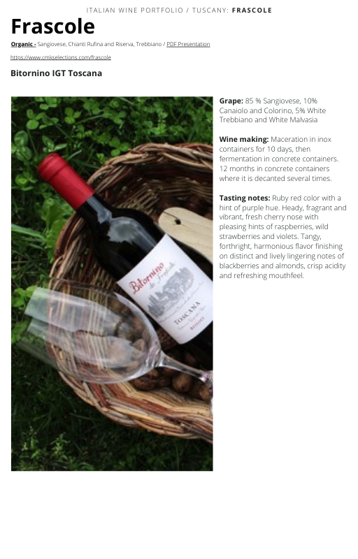 A wine bottle photo leading to a tech sheet