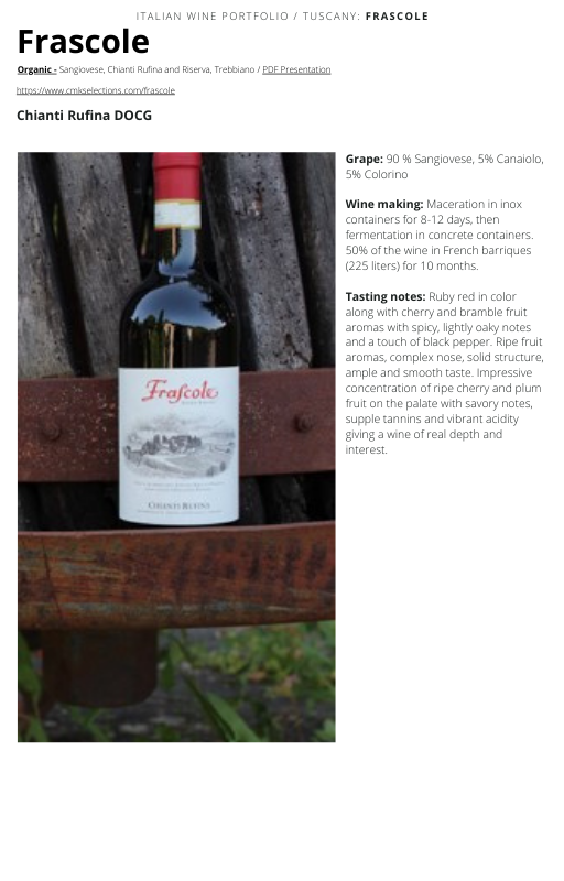 A wine bottle photo leading to a tech sheet