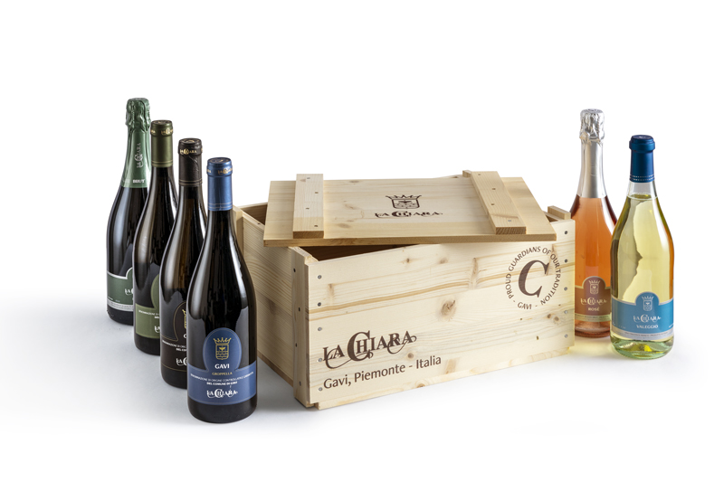 Wine bottles of La Chiara winery and a crate