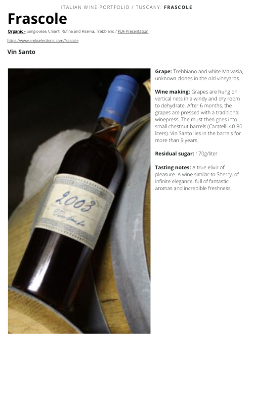 A wine bottle photo leading to a tech sheet
