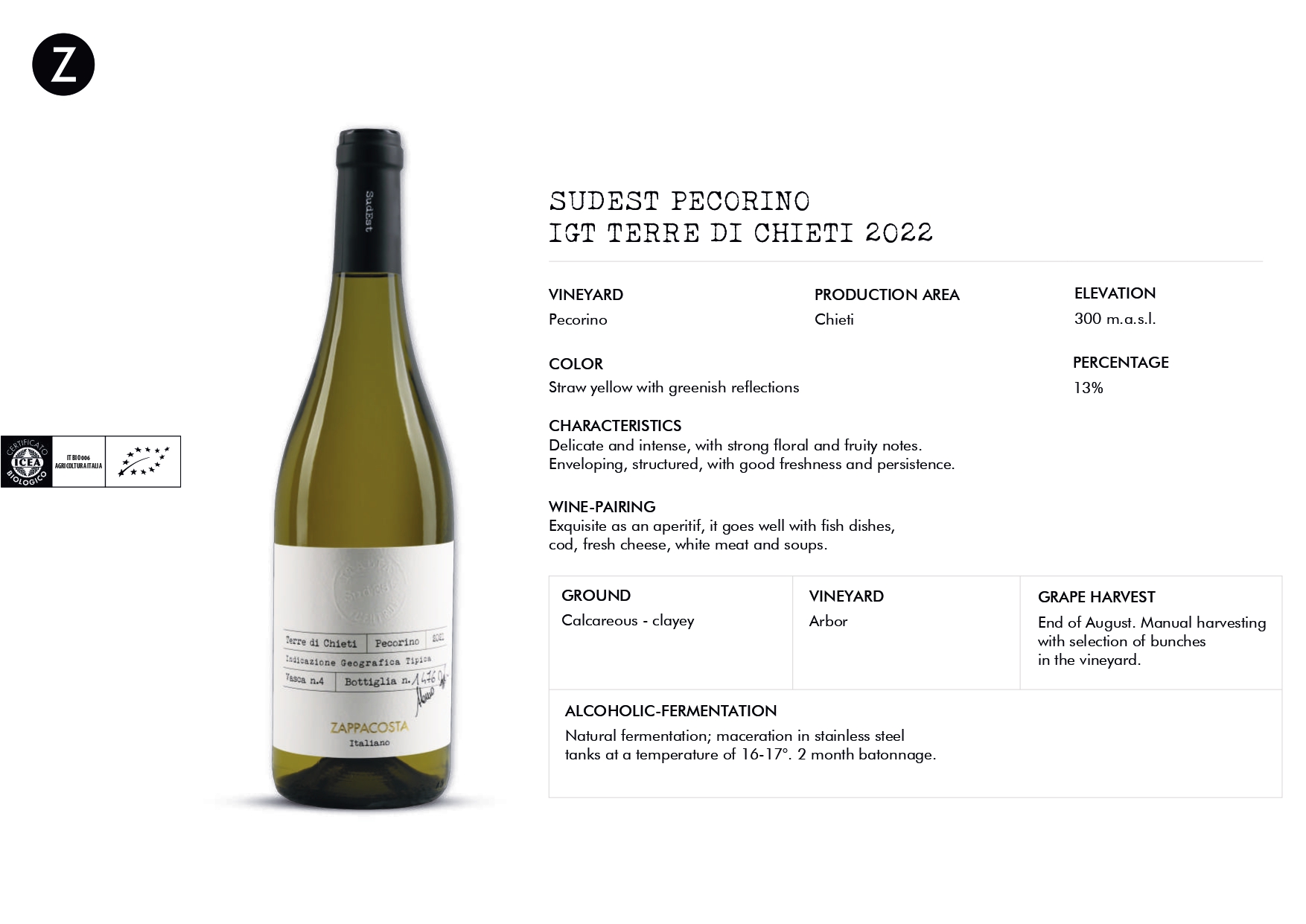 A technical sheet of a wine