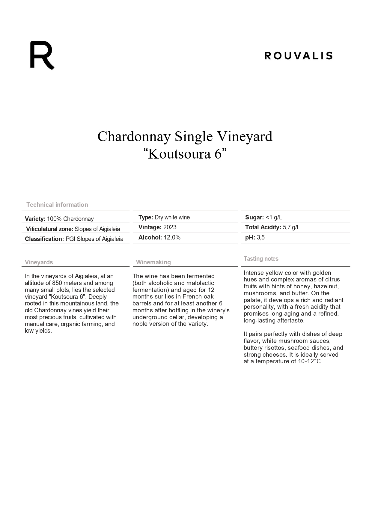 A wine tech sheet of Rouvalis winery