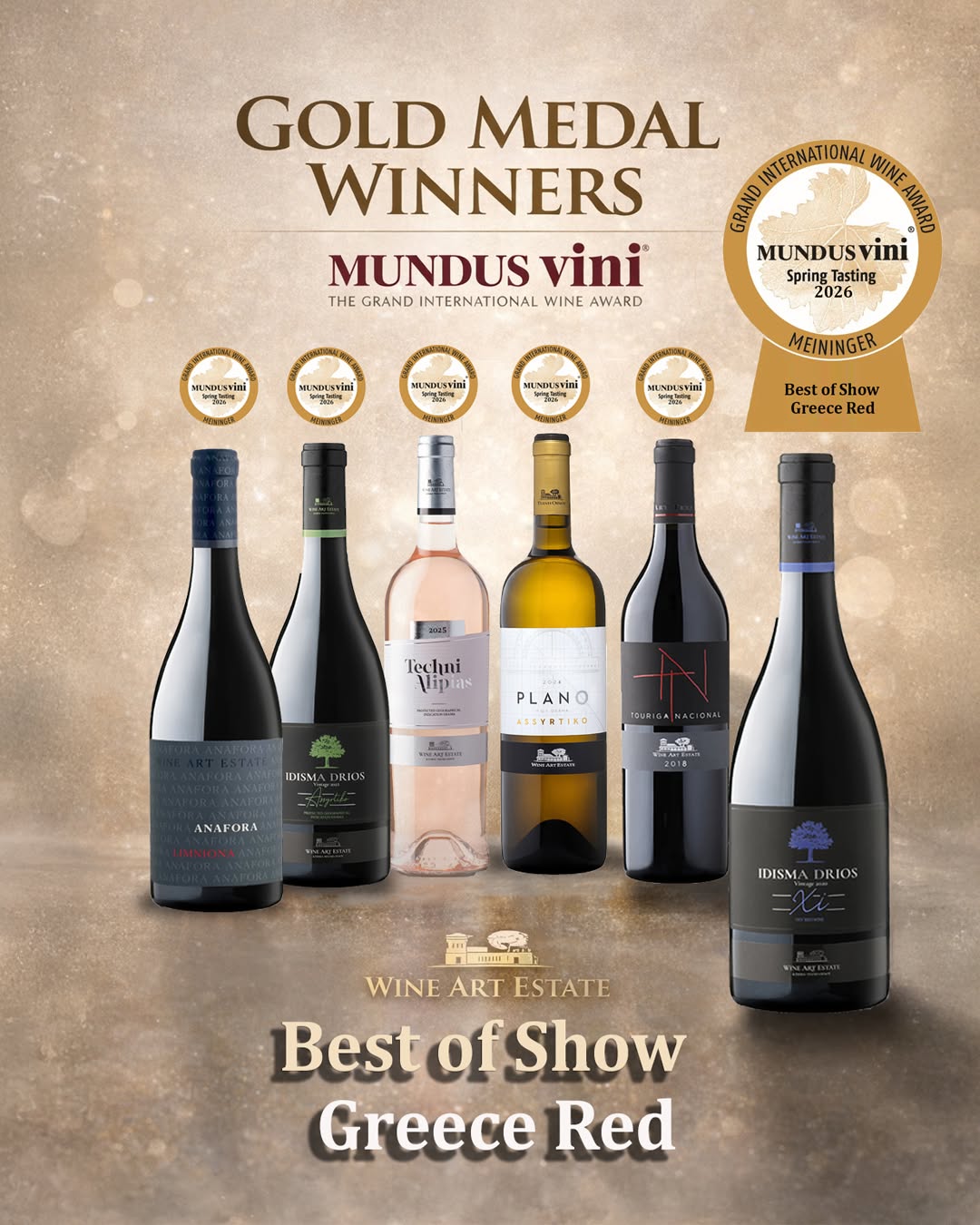 A series of wine bottles from Wine Art Estate winery and an award