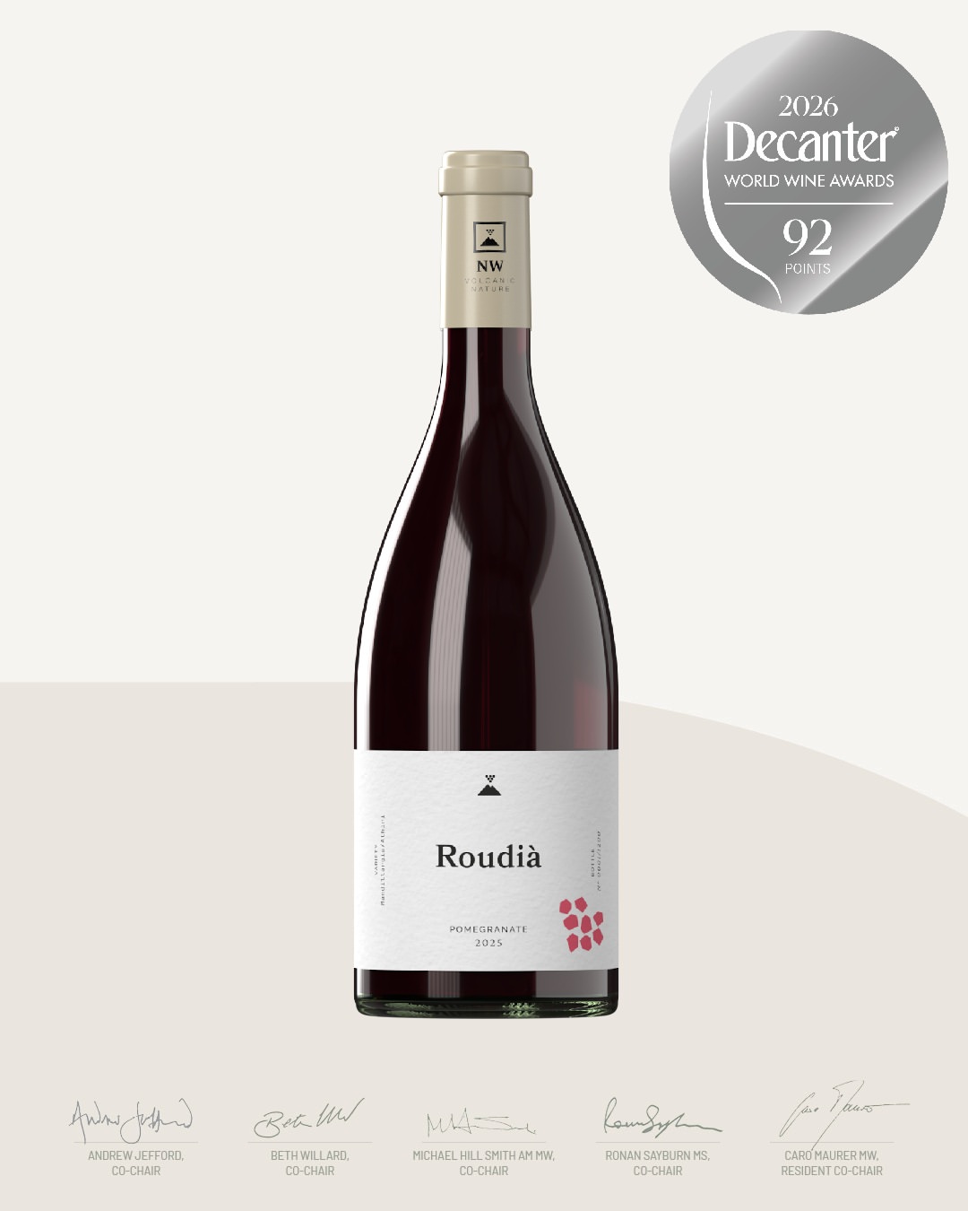 A poster of a wine award, the award and the wine bottle