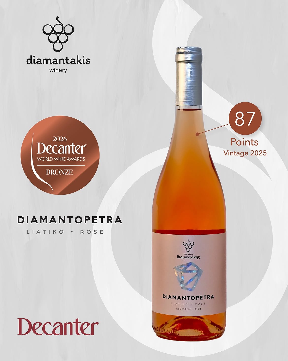 A poster of a wine award, the award and the wine bottle