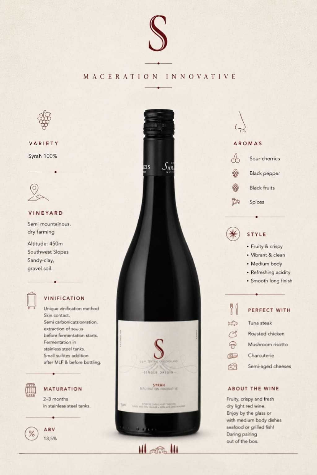 A bottle of wine is presented of Samartzis Estate.